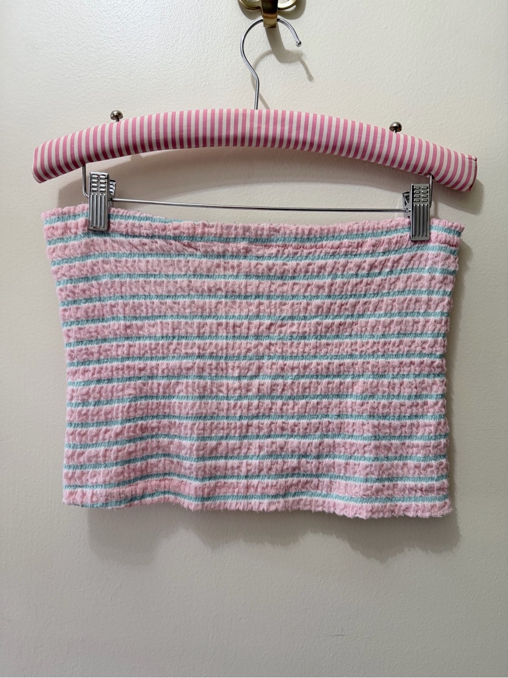 Vintage Strapless Tube Crop Top Seersucker Pastel Pink Blue White Stripes OS